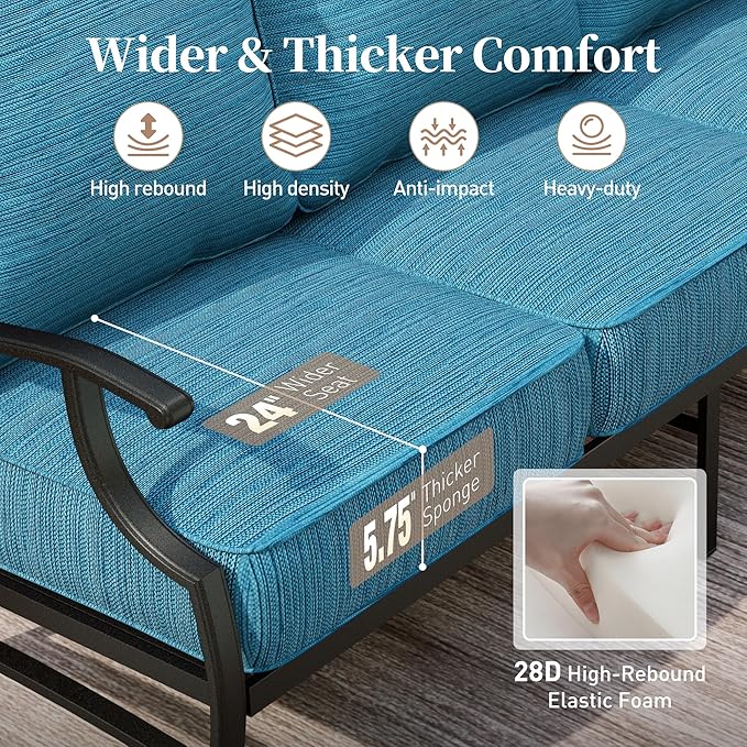 6 Piece Metal Outdoor Patio Furniture Set, Patio Conversation Sets 3-seater Sofa, 2 Swivel Chair, 2 Ottomans with 5.75" Thick Cushion and Coffee Table, Black Backyard Furniture, Blue-2