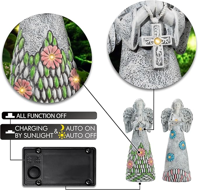 TERESA'S COLLECTIONS Angel Garden Statues with Solar Outdoor Light for Garden Decor, 2 Pack Resin Angel Grave Cemetery Decorations for Outdoor Decor, Memorial Angel Yard Decor Gifts for Mom, 11”