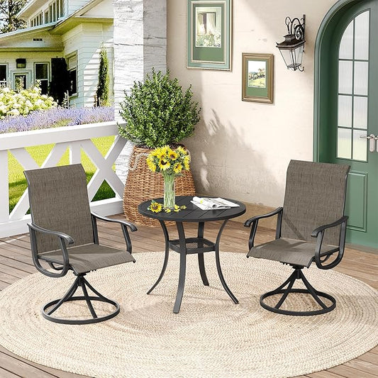 DIFY 3 Pieces Outdoor Patio Bistro Dining Set, 2 Brown Textilene Swivel Dining Chairs and 27.6" Black Small Round Dining Table, Outdoor Table and Chairs