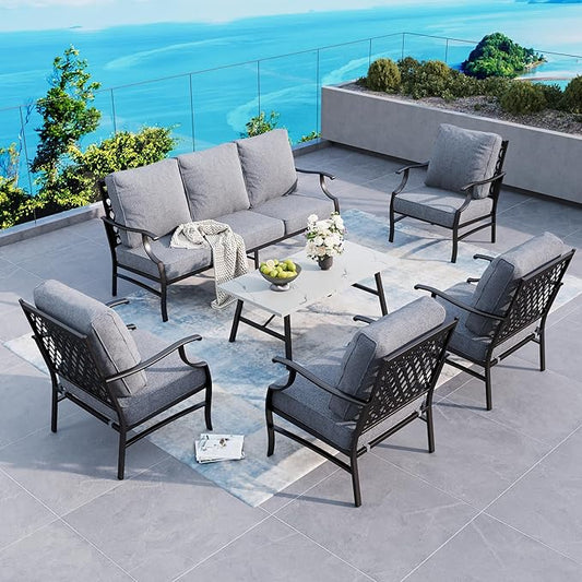 6 Piece Metal Outdoor Patio Furniture Set, Patio Conversation Sets 1 3-Seater Sofa, 4 Fixed Chairs with 5.75" Thick Cushion and Coffee Table, Backyard Furniture Set for Deck, Gray
