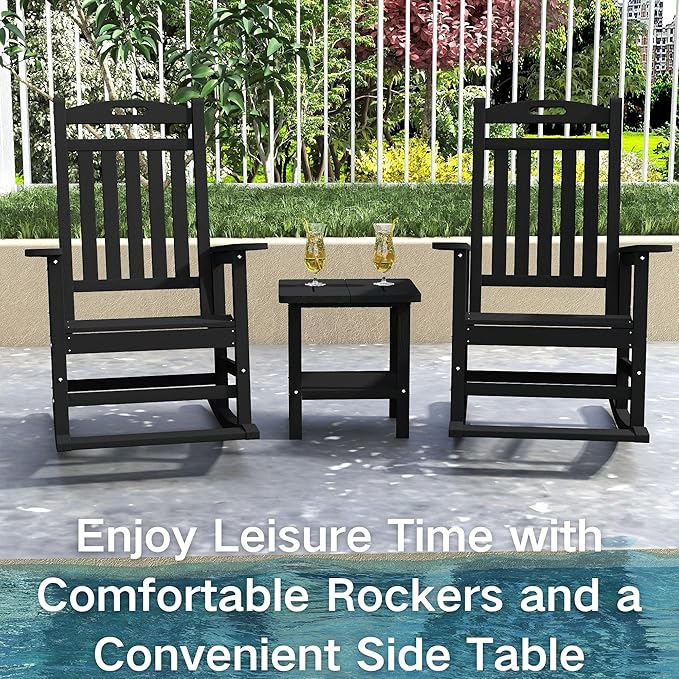 Kingdura Outdoor Rocking Chairs Set of 2, HDPE Plastic Patio Rocking Chair All-Weather Oversized Porch Rocker with High Back for Patio Outside Backyard Balcony (Black)