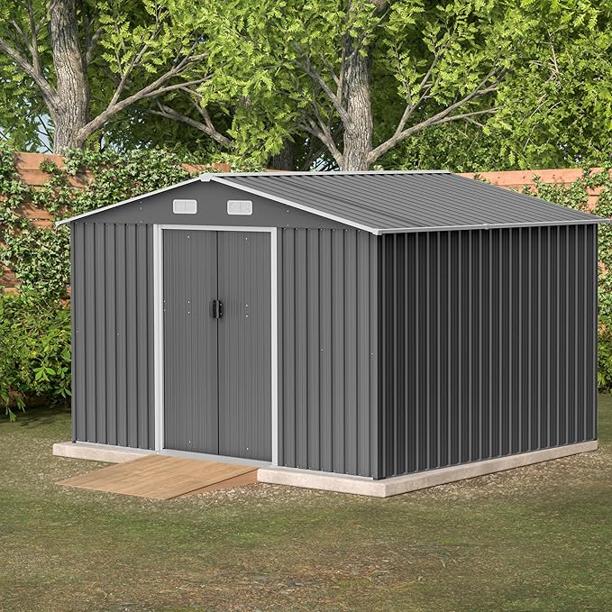 10X8 FT Outdoor Storage Shed W/Lockable Sliding Doors,Metal Shed W/Sloped Roof & Air Vents,All Weather Garden Tool House for Backyard Patio Lawn,Gray