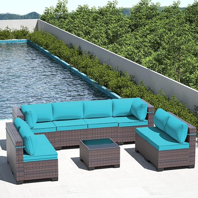 Outdoor Patio Furniture Set, 9 Pieces Outdoor Furniture All Weather Patio Sectional Sofa PE Wicker Modular Conversation Sets with Coffee Table,8 Chairs & Seat Clips(Turquoise Blue)