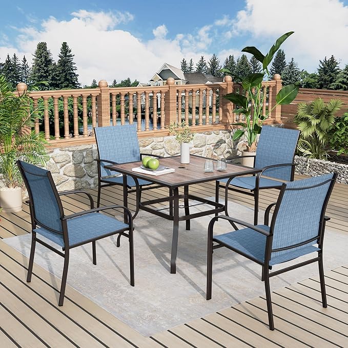 5 Pieces Patio Table and Chairs Set, 4 Person Outdoor Dining Furniture Set, 4 Blue Textilene Chairs and 37" Wood-Like Table Top Table with Umbrella Hole, for Deck Backyard Lawn