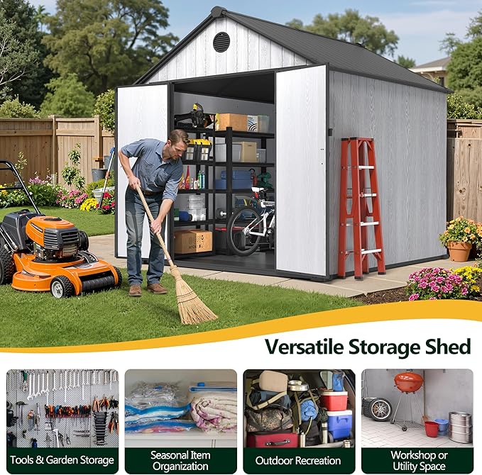 Seizeen 8x8 FT Outdoor Storage Shed, All-Weather Resin Plastic Shed with Floor, Window, Lockable Doors & Vents, Patio Garden Tool Shed for Storing Lawn Mower, Bike, Outdoor Furniture (Light Gray)