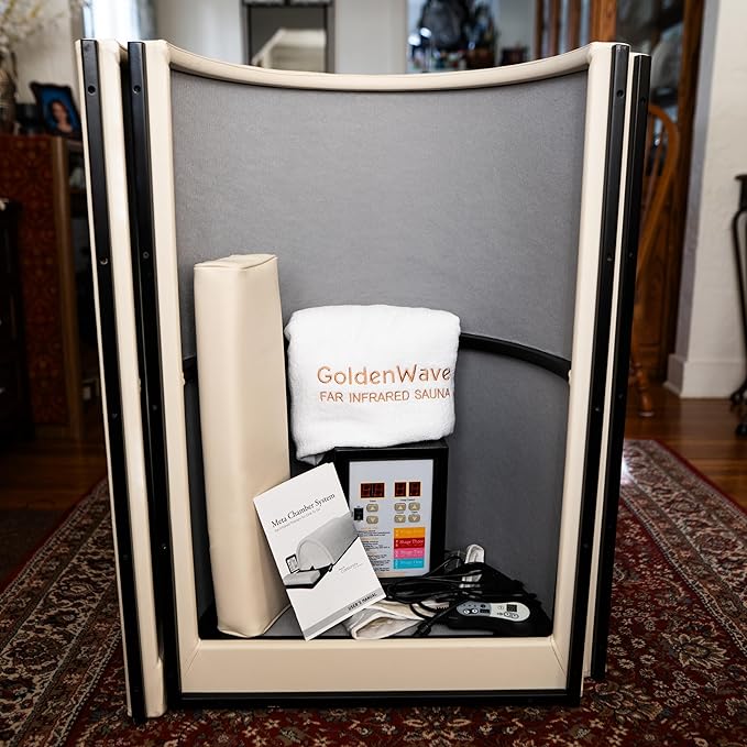 Golden Wave Meta Chamber Infrared Sauna Dome | Personal Portable FAR Home Spa Hot Carbon and Ceramic Dry Heat | 1340W/110V Power | One Person Tub Capsule with Pillow and Heater Pad