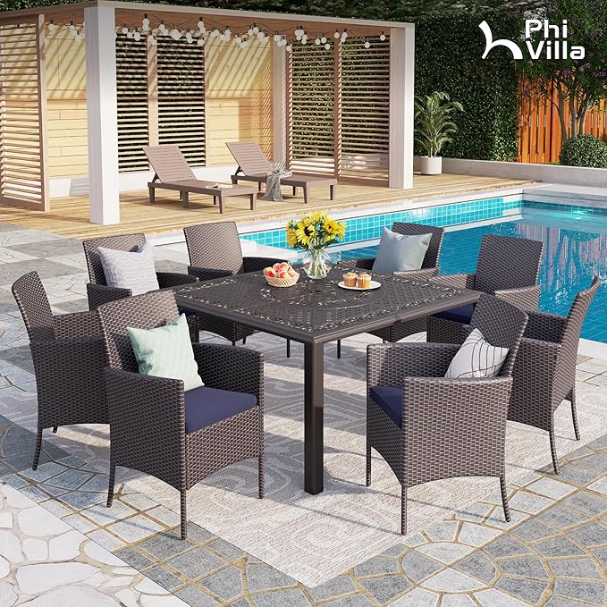 PHI VILLA 9-Piece Cast Aluminum Outdoor Dining Set for 8, Square Metal Dining Table with Umbrella Hole & Cushioned Wicker Rattan Chairs