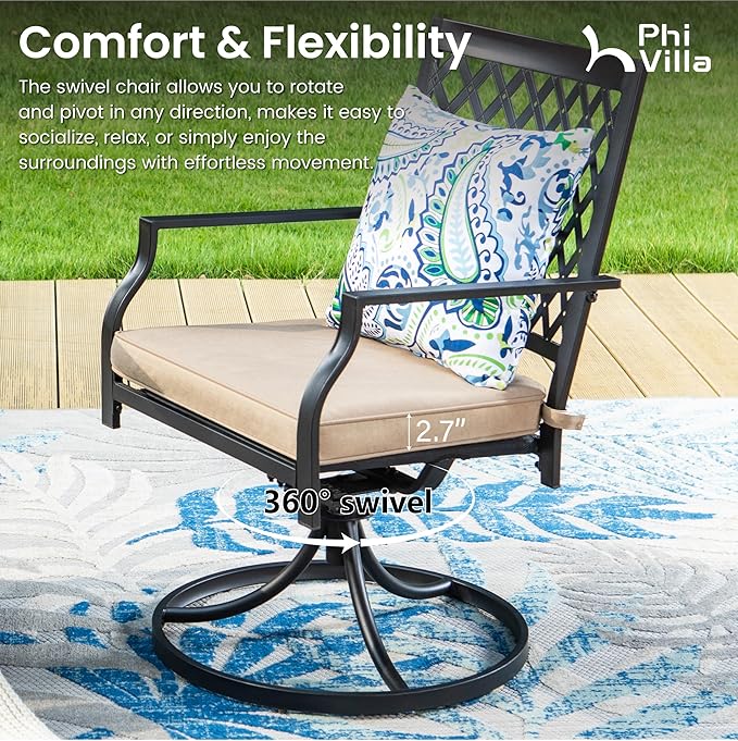 PHI VILLA 5-Piece Outdoor Dining Set, 4 Steel Metal Swivel Patio Chairs & 1 Square Dining Table, Black