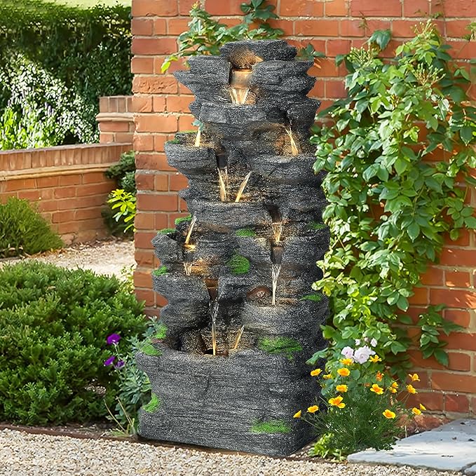TITIMO 10-Tier Cascading Rock Water Fountain Outdoor Garden Waterfall with Lights,Fountain Indoor Decor for Garden, Patio, Backyard, Deck, Porch and Home Art Decor