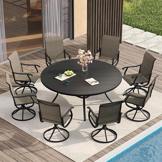VICLLAX Patio Dining Set for 8, 9 Pieces Outdoor Furniture Includes 60" Round Patio Table with Umbrella Hole and 8 Outdoor Swivel Chairs for Lawn Garden, Black Tabletop and Mixed Brown Fabric