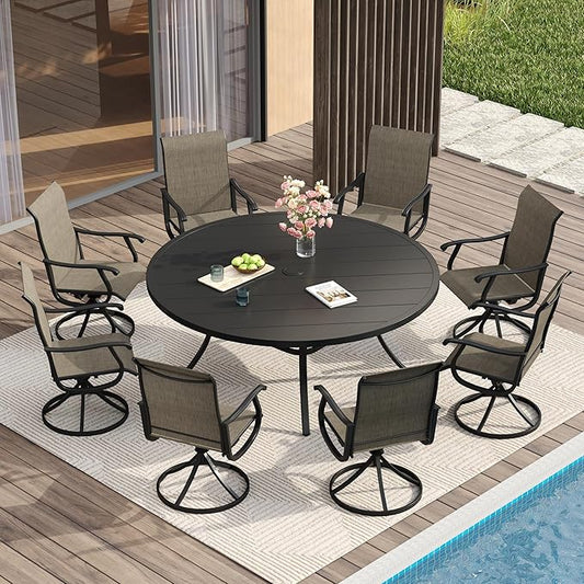VICLLAX Patio Dining Set for 8, 9 Pieces Outdoor Furniture Includes 60" Round Patio Table with Umbrella Hole and 8 Outdoor Swivel Chairs for Lawn Garden, Black Tabletop and Mixed Brown Fabric
