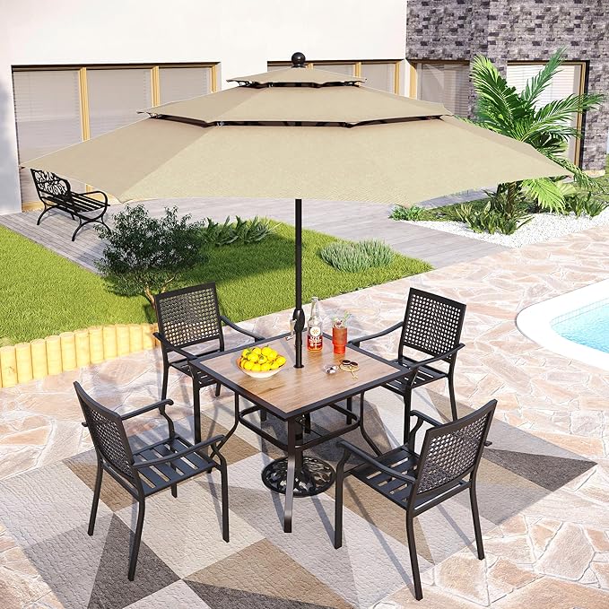 PHI VILLA 5 Pieces Patio Dining Set for 4 with 10ft Patio Umbrella, Metal Outdoor Stackable Wrought Iron Chair Set of 4 & 37" Metal Wood-Like Dining Table,3 Tier Vented Market Table Beige Umbrella
