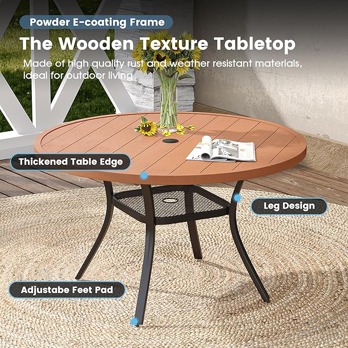 DIFY 5 Pieces Outdoor Patio Dining Set, 4 Brown Textilene Swivel Dining Chairs and 41.7" Walnut Round Dining Table with Faux Wood Top, Outdoor Table and Chairs