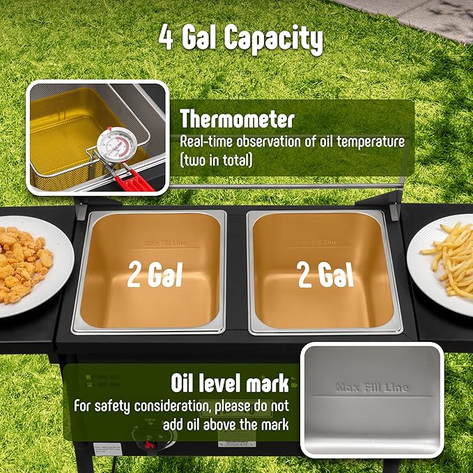 Outdoor Propane Deep Fryer,Dual Tank with Dual Independent Cast Iron Burners and Thermometers,Removable Fryer Pot,Baskets & Lids, Movable Propane Fryer Cart with Regulathor,50000 BTU