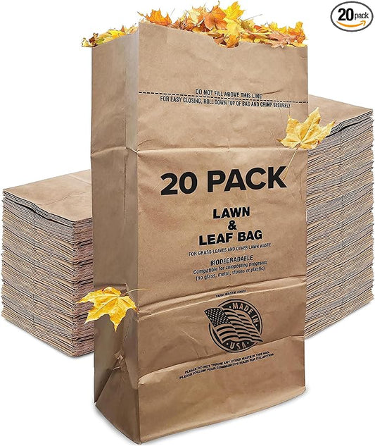 30 Gallon Kraft Lawn and Leaf Bags (20 Pack) Eco-Friendly Heavy Duty Large Paper Trash Bags, Made in the USA Tear Resistant Yard Waste Bags for Grass Clippings, Wet and Dry Leaves, Weeds, Twigs