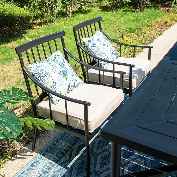 Sophia & William 7 Pieces Metal Patio Dining Set, Rectangle Outdoor Table of 1.77" Umbrella Hole and 6 Armchairs with Seat Cushions, Outdoor Conversation Furniture for Porch Backyard Balcony Deck