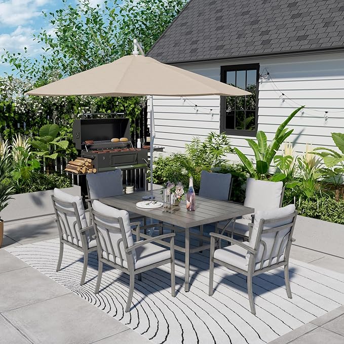 HAPPATIO 7-Piece Outdoor Dining Set - All Aluminum Patio Table and Chairs Set for 6 Includes 1 Rectangular Dining Table and 6 Dining Chairs with Cushions, Patio Dining Set for Lawn, Garden, Backyard