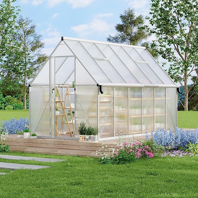 8X14 ft Polycarbonate Greenhouse with Aluminum Frame, Polycarbonate Greenhouse for Outdoors, Greenhouses with Ventilation and Rain Gutter, Aluminum Large Walk-in Greenhouses for Outside