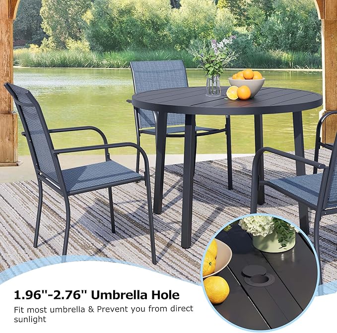 7 Pieces Round Dining Table Set for 6, Patio Dining Set Includes 6 Blue Stackable Patio Chairs and 1 Black Round Table Set of 6, Patio Furniture Sets with Sling Support for Outside, Garden