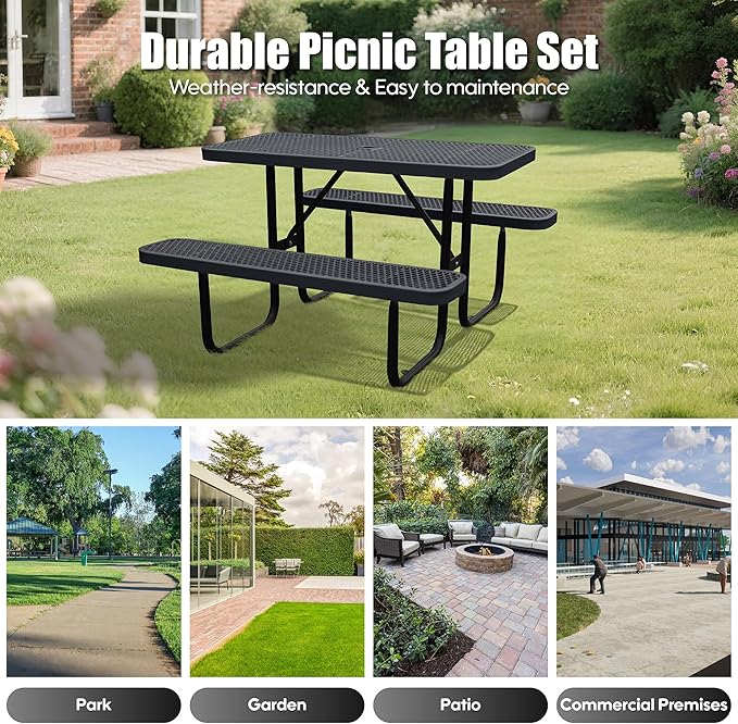 4FT Outdoor Picnic Tables,Heavy-Duty Metal Rectangular Picnic Table,Expanded Metal Commercial-Grade Table with 2 Benches & Umbrella Hole,Waterproof Coating Beach Table for Patio,Garden, Backyard