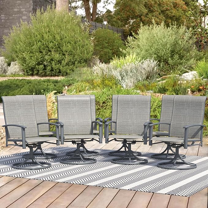 Patio Swivel Chairs Set of 8, Outdoor Swivel Chairs with Armrest, High Back Patio Chair with Metal Frame, All-Weather Outdoor Dining Chair for Deck, Porch and Lawn, Grey