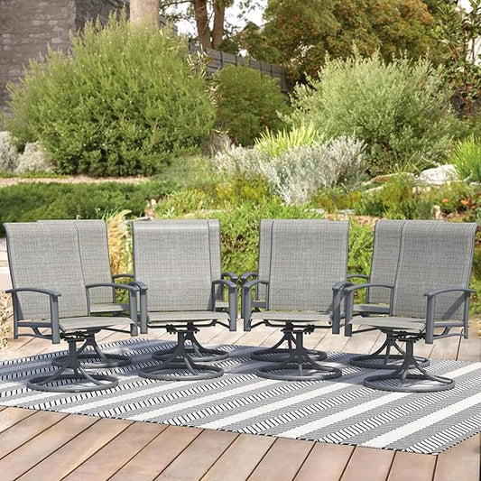 Patio Swivel Chairs Set of 8, Outdoor Swivel Chairs with Armrest, High Back Patio Chair with Metal Frame, All-Weather Outdoor Dining Chair for Deck, Porch and Lawn, Grey