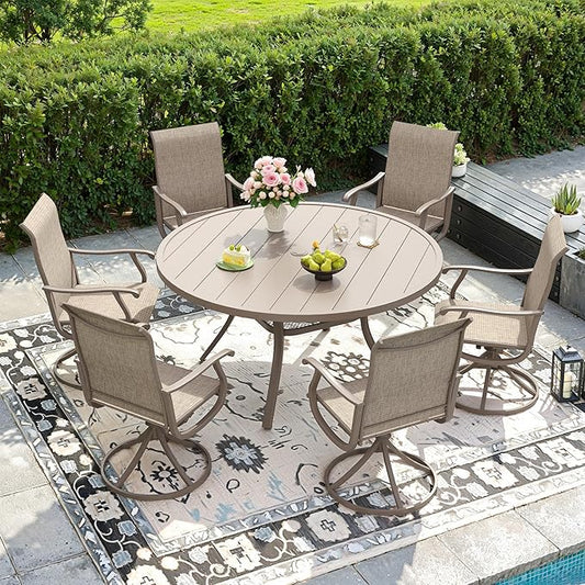 DIFY 7 Pieces Outdoor Patio Dining Set, 6 Sandshell Textilene Swivel Dining Chairs and 47.2" Sandshell Round Dining Table, Metal Outdoor Table and Chairs