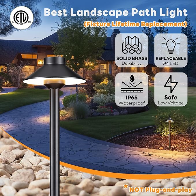 Gardenreet Solid Brass Landscape Path Lights - 12V Black Low Voltage Pathway Light IP65 Waterproof, Outdoor Walkway Fixture Hardwired, Hat-top for Patio Lawn G4 Bulb Not Included (10 Pack)