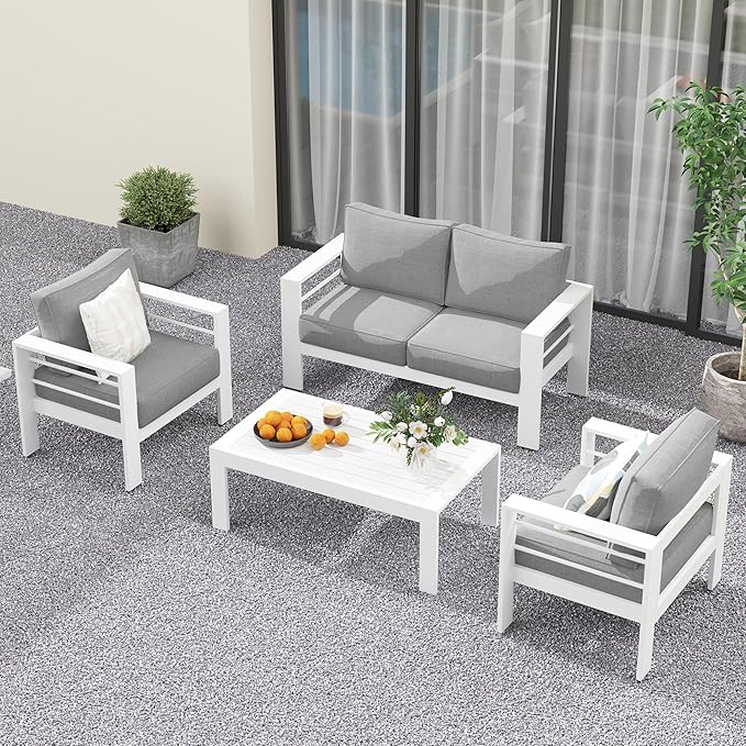Solaste Outdoor Aluminum Furniture Set - 4 Pieces Patio Sectional Chat Sofa Conversation Set with Table,White