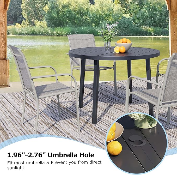 7 Pieces Round Dining Table Set for 6, Patio Dining Set Includes 6 Grey Stackable Patio Chairs and 1 Black Round Table Set of 6, Patio Furniture Sets with Sling Support for Outside, Garden