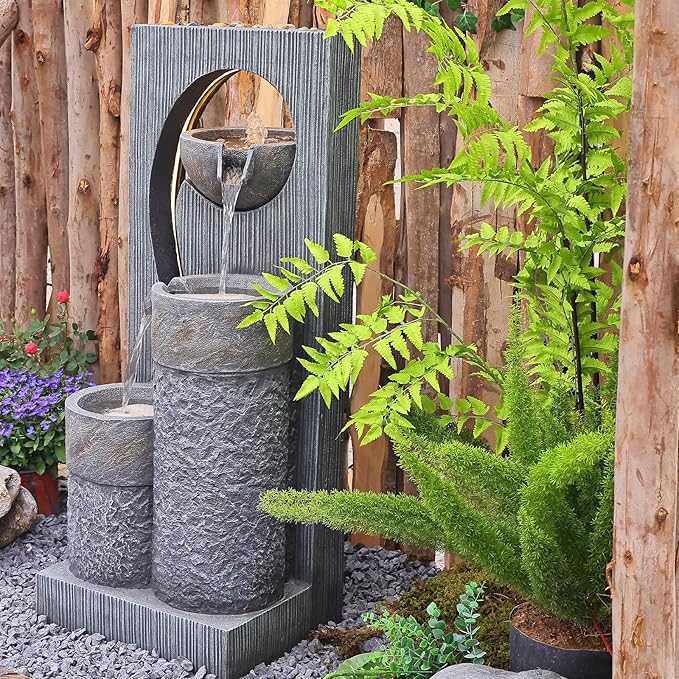 Water Fountain Zen Feature Outdoor Indoor - Waterfall Garden Freestanding Fountains ρ-Shaped Hollow Artistry Design with LED Lights for Home Decor Patio Yard Pool, 41 inches