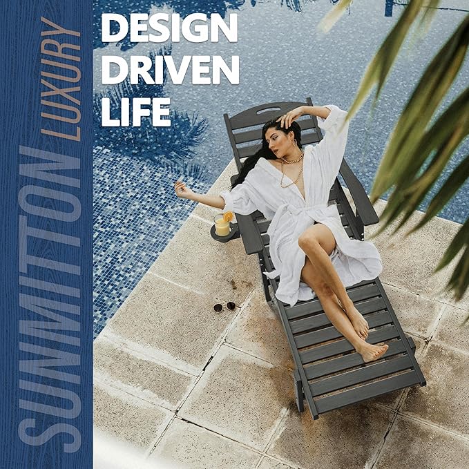 Patio Chaise Lounge Chair Set of 2, HDPE Outdoor Lounge Chairs with 5-Position Adjustable Backrest, Cup Holder and Wheels, 450lbs Capacity for Poolside Deck Backyard, All Weather Material(Gray)