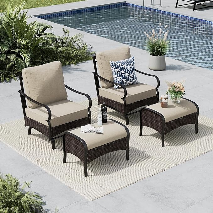 MFSTUDIO 4 Pieces Outdoor Patio Furniture Set, Metal Outdoor Conversation Sofa, Rattan Wicker Patio Sectional Sofa Set with 2 x Rocking Single Sofa, 2 x Ottoman, Beige