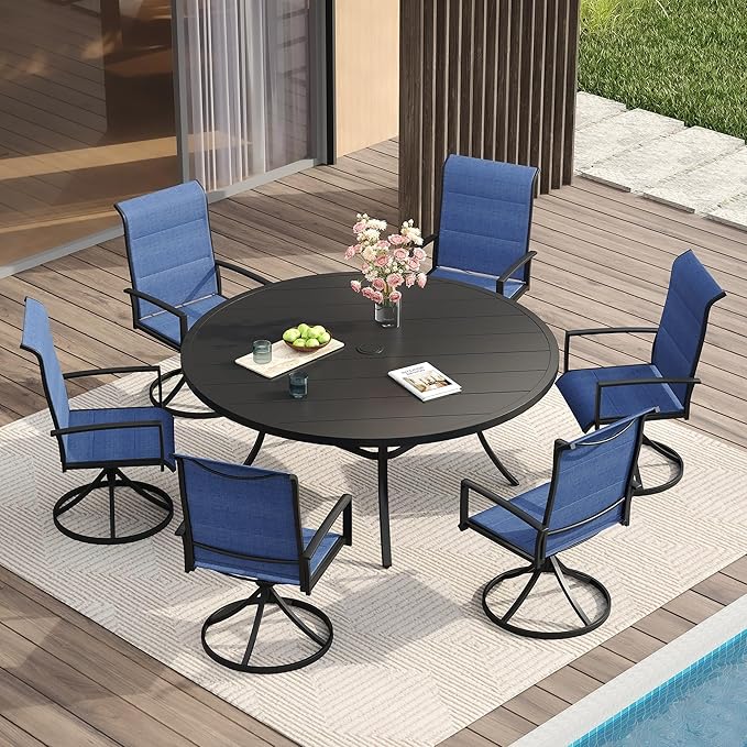 VICLLAX 7 Pieces Patio Dining Set for 6-Outdoor Furniture Includes 53" Round Outdoor Table and Swivel Padded Chairs, Black Tabletop and Blue Fabric