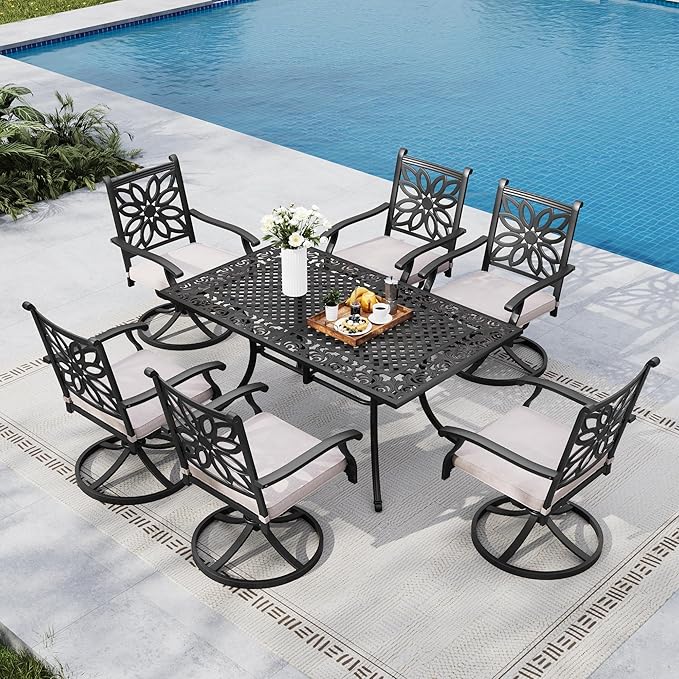 MFSTUDIO 7 Pieces Cast Aluminum Patio Dining Set, Retro Design Outdoor Table and Chairs Set with 6×Swivel & Rock Chair and 1×63" Rectangular Outdoor Dining Table