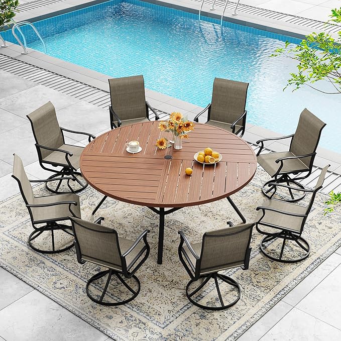 DIFY 59.8" Round Outdoor Patio Dining Table for 8-10, All-Weather Metal Steel Slatted Patio Table with 1.57" Adjustable Umbrella Hole, for Lawn Garden Porch Backyard, Walnut