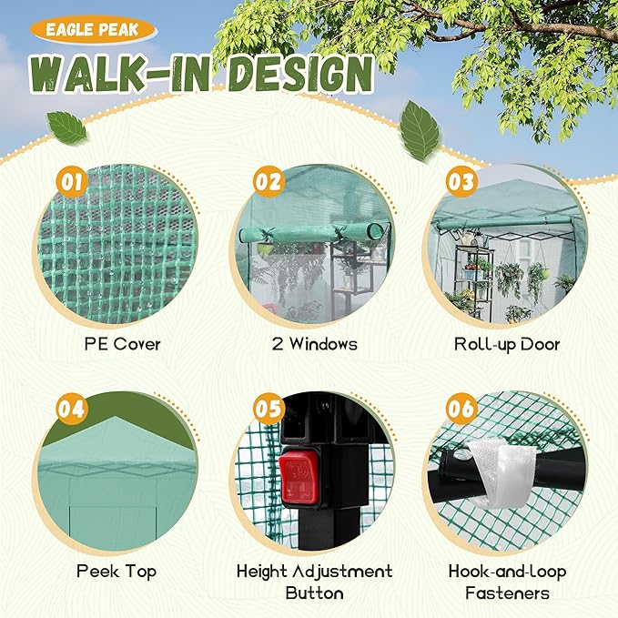 Devoko Walk-in Greenhouse, Portable Pop-in Green House with Zippered Door and 2 Roll-up Windows and PE Cover, Portable and Easy Assemble (Green, 6x4 Feet)