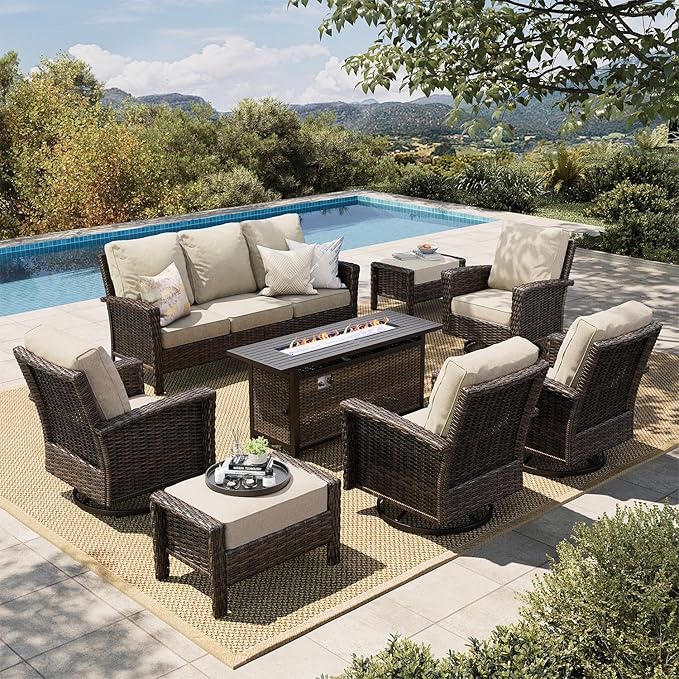 HERA'S HOUSE 8-Piece Outdoor Furniture Set with Fire Pit Table, Patio Conversation Set with 5.5" Thick Cushions & High Back Swivel Chairs, All-Weather Wicker Deep Seating Sofa with Ottomans, Beige