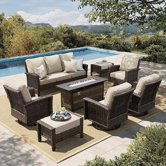 HERA'S HOUSE 8-Piece Outdoor Furniture Set with Fire Pit Table, Patio Conversation Set with 5.5" Thick Cushions & High Back Swivel Chairs, All-Weather Wicker Deep Seating Sofa with Ottomans, Beige