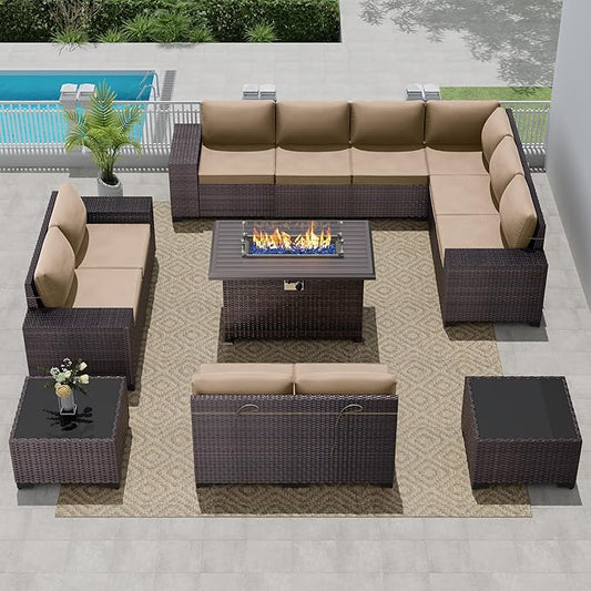 Outdoor Patio Furniture Set with Propane Fire Pit Table, 13 Pieces Outdoor Furniture Patio Sectional Sofas Conversation Sets w/ETL Approved 43" Gas Outdoor Fire Table & Coffee Table (Brown).
