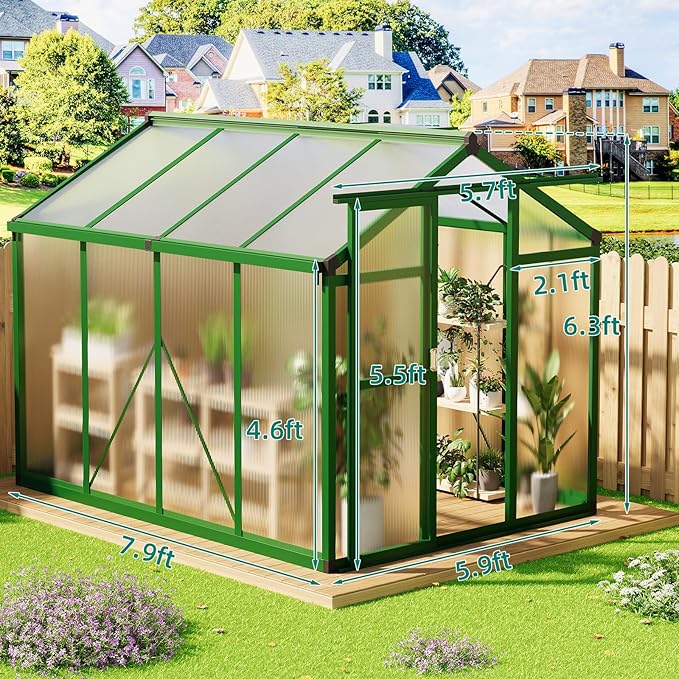 6x8 FT Greenhouse for Outdoors, Aluminum Greenhouse with Quick Setup Structure and Roof Vent, Polycarbonate Greenhouses Heavy Duty, Large Walk-in Green House for Winter Garden, Backyard, Patio, Lawn
