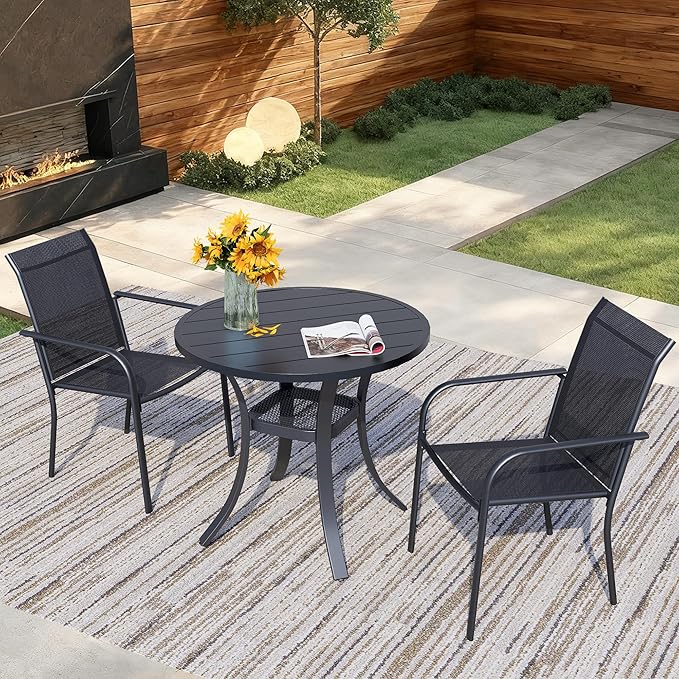 3 Pieces Round Dining Table Set for 2, Patio Dining Set Includes 2 Black Stackable Patio Chairs and 27.6" Black Metal Round Table, Patio Furniture Sets with Sling Support for Outside, Garden