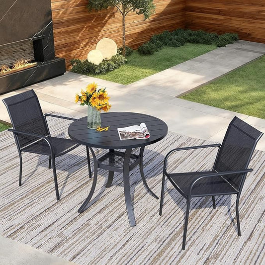 3 Pieces Round Dining Table Set for 2, Patio Dining Set Includes 2 Black Stackable Patio Chairs and 27.6" Black Metal Round Table, Patio Furniture Sets with Sling Support for Outside, Garden