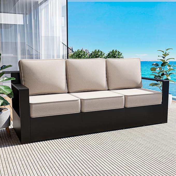Outdoor Patio Furniture Aluminum Patio Sofa, All-Weather Metal Outdoor Couch with 6 Inch Thick Cushions for Garden, Outside and Porch (Beige, 1 PCS/Sofa)