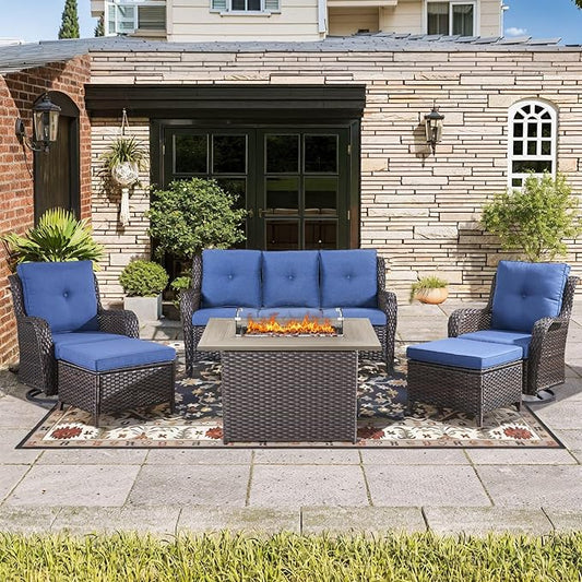 Wicker Outdoor Conversation Se with 50,000 BTU Gas Propane Fire Pit Tablet-6 Pieces Outdoor Wicker High Back Couch Patio Furniture for Deck Poolside Backyard