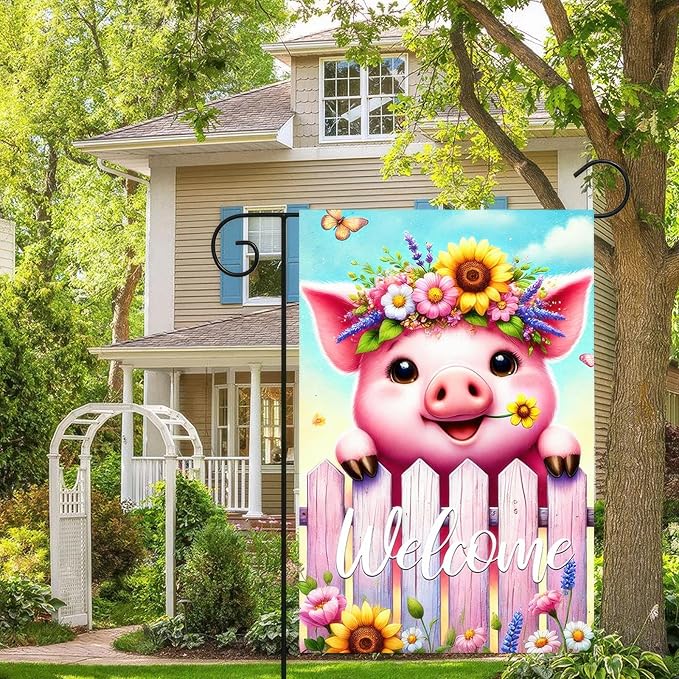 Spring Welcome Garden Flag 12x18 Inches Double Sided Cute Pig Yard Flags Colorful Floral Butterfly Sunflower Crown Fence for Outside Decor Home Farmhouse Holiday Summer Decorations