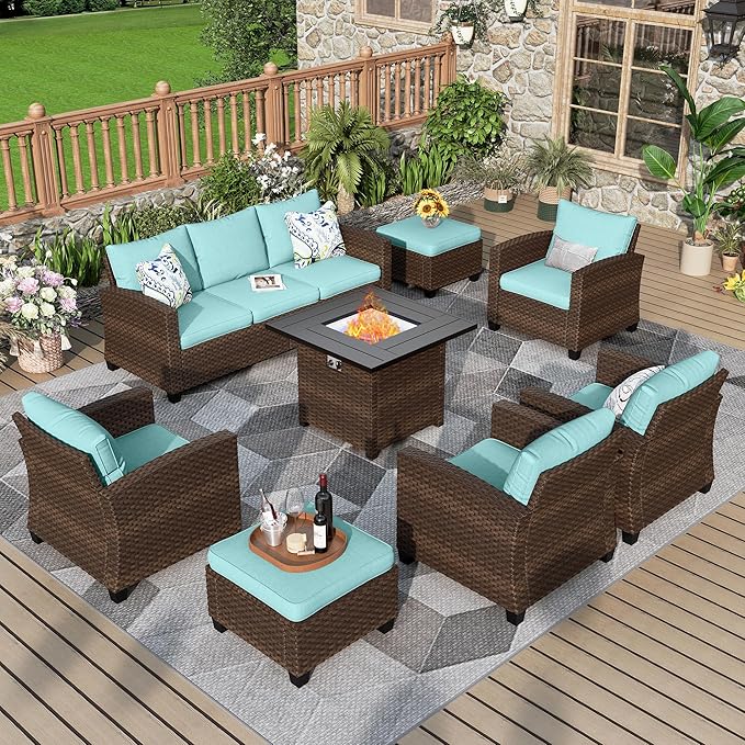 Patio Furniture Set, 8 Pcs Wicker Rattan Outdoor Conversation Set, 4 x Leg Chairs, 1 x 3 Seater Sofa and 2 x Ottoman with 4" Thick Cushion and 32" Fire Pit Table, Blue