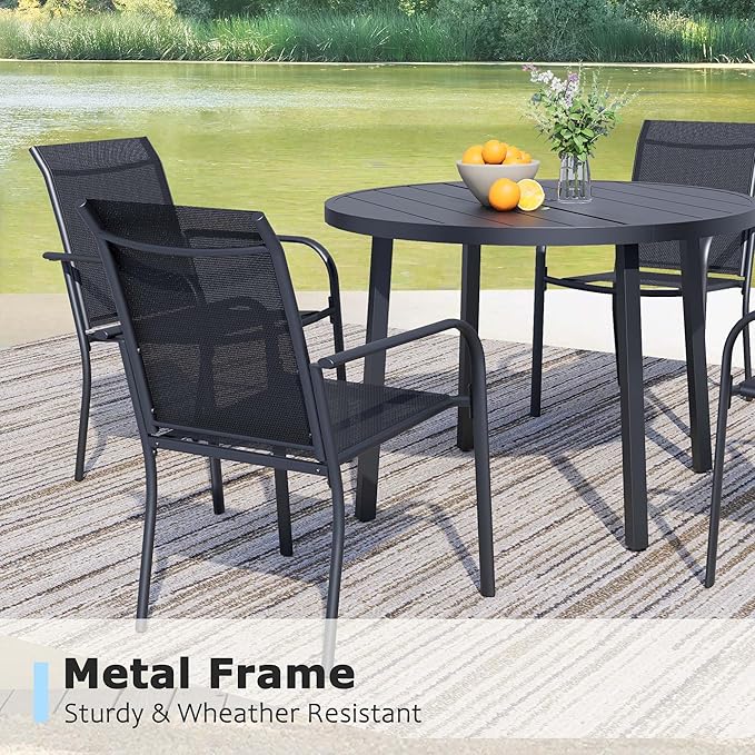 7 Pieces Round Dining Table Set for 6, Patio Dining Set Includes 6 Black Stackable Patio Chairs and 1 Black Round Table Set of 6, Patio Furniture Sets with Sling Support for Outside, Garden