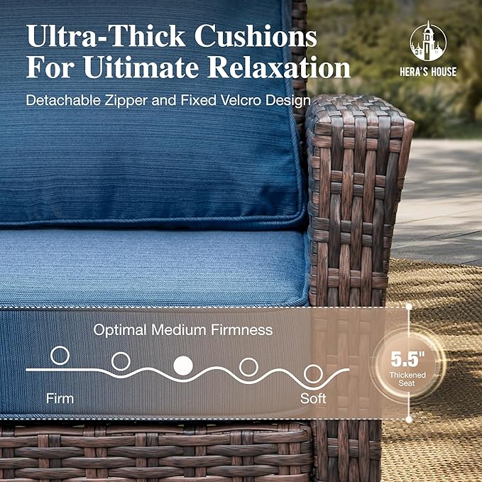 HERA'S HOUSE 8-Piece Outdoor Furniture Set with Fire Pit Table, Patio Conversation Set with 5.5-Inch Thick Cushions & High Back Swivel Chairs, All-Weather Wicker Deep Seating Sofa with Ottomans, Blue