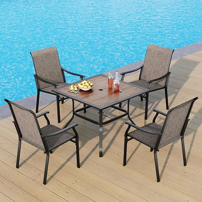 PHI VILLA 5 pcs Patio Dining Table and Chairs,Textilene Dining Chairs Sturdy and Durable and Square Metal Table with Wooden Table Top,Black Frame with E-Coating for Lawn,Garden
